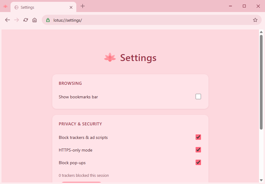 Lotus settings page showing bookmarks bar, tracker blocking, HTTPS-only mode and pop-up blocking toggles